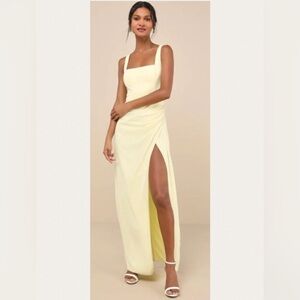 Lulu's Glamorous Disposition Light Yellow Ruched Maxi Dress NWT Small